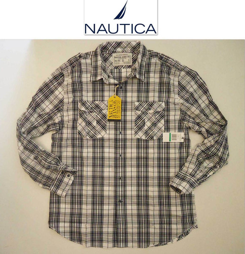 Camisa Nautica L Grande Cuadros Blanca Negra Cuadros Padrsma