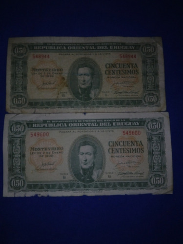 2 Billetes De Uruguay De $ 050 Del 2 De Enero De 1939