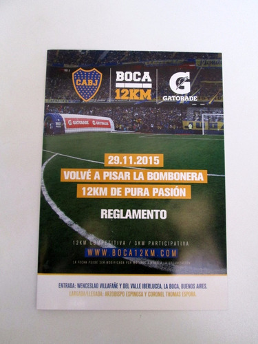 Boca Junios Reglamento Carrera 12 Km 2015 Bombonera Boedo (Usado)