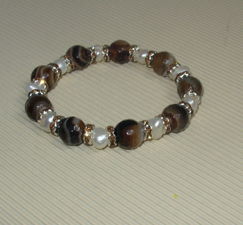 Pulsera De Piedras Ágatas Marrones Y Perlas