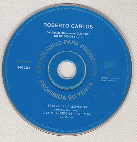 Brasil Roberto Carlos Cd Promo Con 2 Temas Argentina 1997