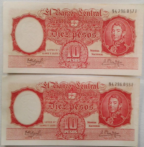 2 Billetes 10 Pesos F Argent 1961 Bottero1970 - S/c Y Correl
