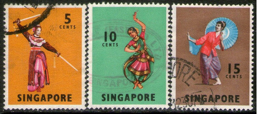 Singapur Serie X 3 Sellos Usados Danzas Típicas Año 1968