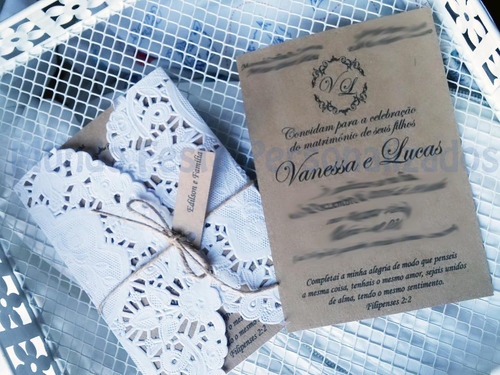 Imagem 1 de 6 de 100 Convite Casamento Kraft 10x15 Rendado Personalizado