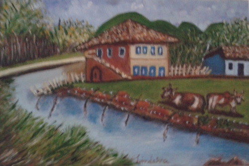 Quadro Tela Pintado À Mão Paisagem Fazenda