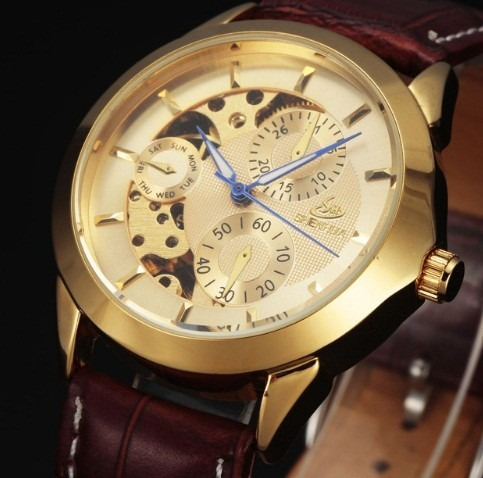 Relógio Elegante Automático Shenhua Dourado Pulseira Marrom