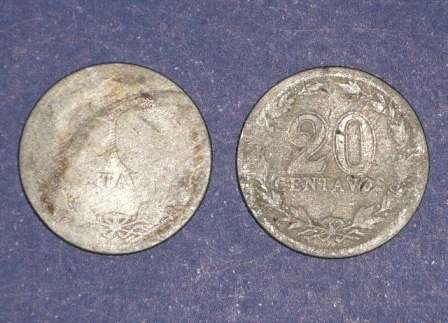 2 Monedas Argentina 20 Centavos Antiguas 1906 1907 América