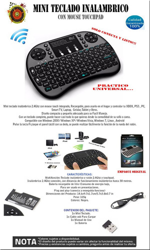 Imagen 6 de 10 de Mini Teclado Usb Inhalambrico Touchpad Xbox Ps3 Smart Tv Pc