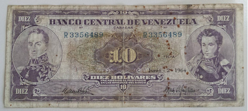 Billete Venezuela 10 Bolívares Junio 2 1964 R7 F/vf