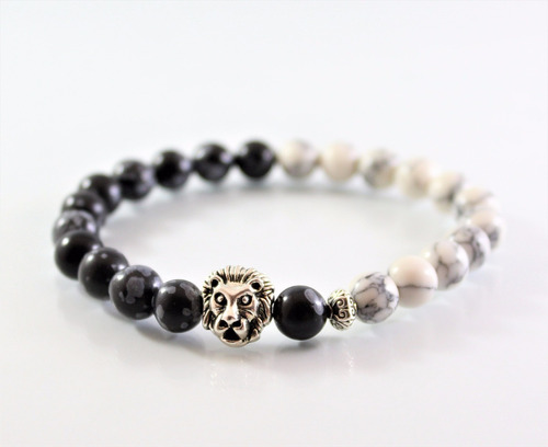 Pulsera Hombre Obsidiana Nevada Y Howlite Natural, Leon.