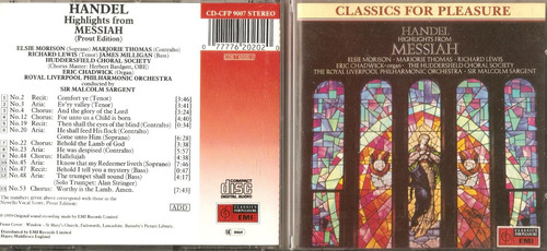 Cd Handel Highlights From Messias Sir Malcom Sargent Ingles