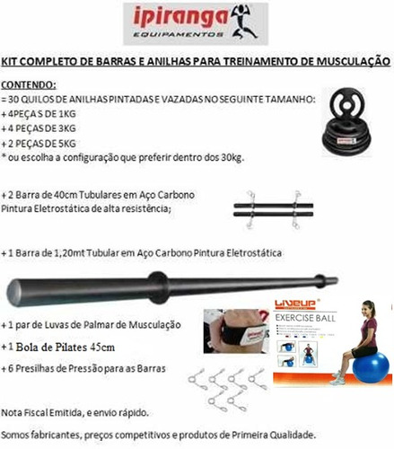 Kit 30kg Anilhas + 3 Barras + Bola + Brinde + Frete Grátis