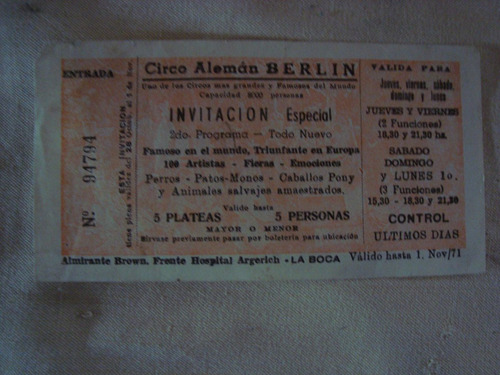 Invitacion Especial Entrada Circo Aleman Berlín 11/71