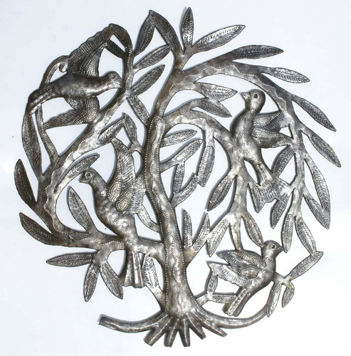 Aves Saliendo Del Nido Arbol Escultura De Metal Haiti 38cm