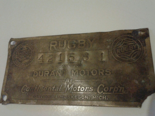Antigua Placa De Auto Rugby Durant Motors