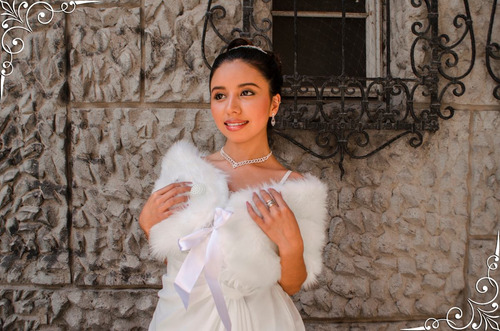 Imagen 2 de 2 de Estola Tapado De Novia Piel Color Ivory Cinta Para Amarrar