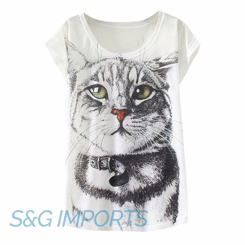 Lovely Fashion Cat Print Vintage Spring Summer T Shirt Women