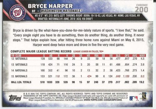 2016 Topps Chrome #200 Bryce Harper Of Nationals (Usado)