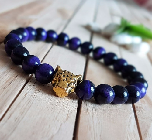 Pulsera Hombre Ojo De Tigre Azul 8mm Con Leopardo Dorado