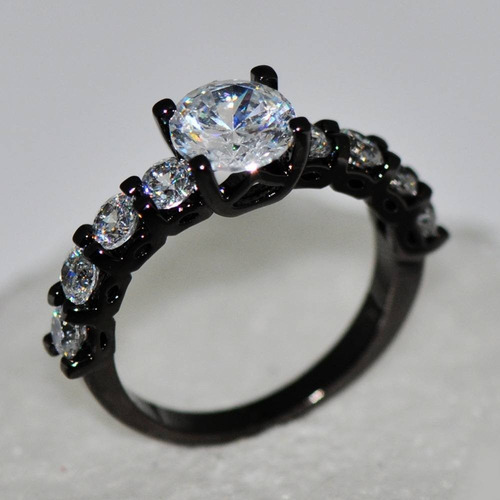 Anillo Negro Acero Enchapado Oro Negro Piedras