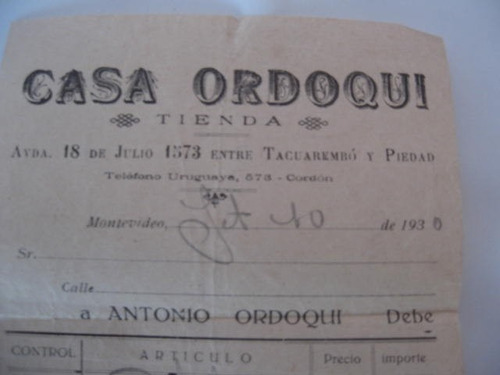 Antigua Factura De Casa Ordoqui. 1930. Bazar.