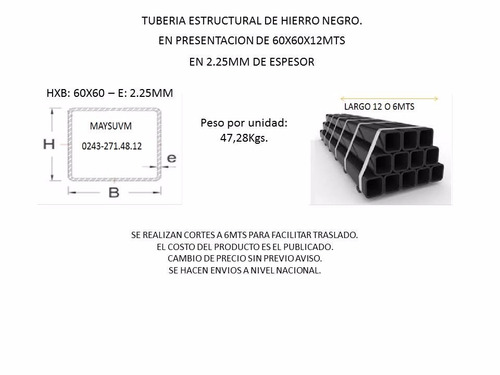 Tubo Estructural 60x60x12mts 2.25mm