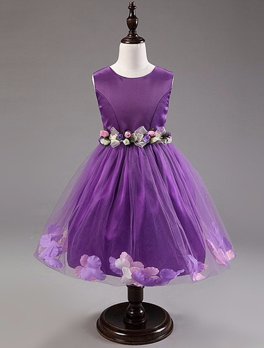 Vestido Infantil Purpura Con Flores En Faldón Y Cinto Floral