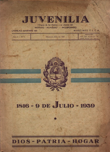 Revista Juvenilia. Alumnos Instituto Acassuso, Martínez 1939