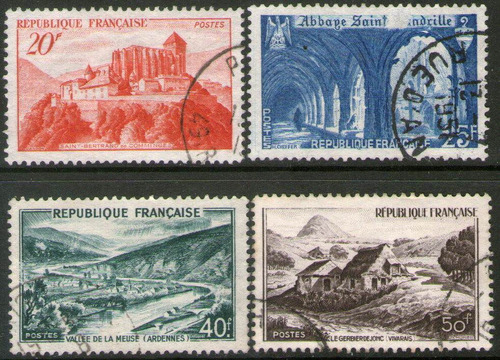 Francia Serie X 4 Sellos Usados Abadías = Valle = Monte 1949