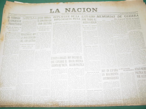 Diario La Nacion 1/4/55 Peronismo Congreso Productividad