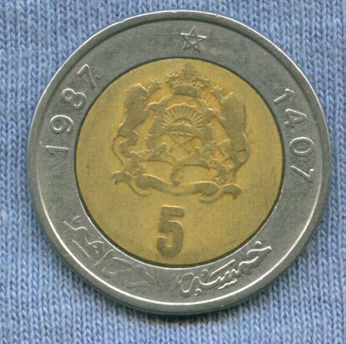 Marruecos 5 Dirhams 1987 * Bimetalica * Al-hassan Ii *