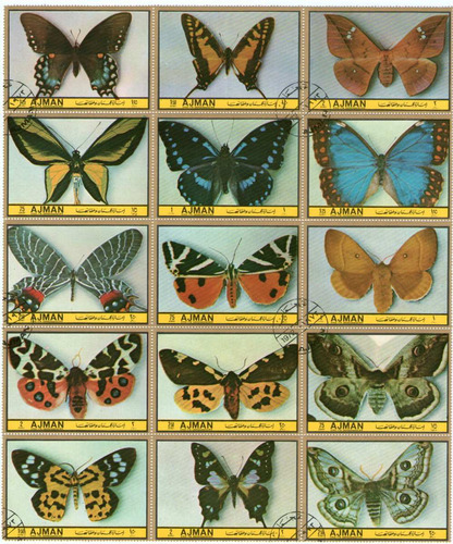 Ajman Hojita Bloc De 25 Sellos Usados Mariposas Año 1972