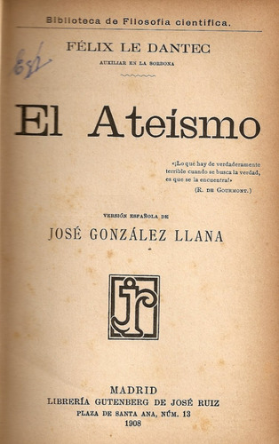 El Ateismo - Felix Le Dantec - Libreria Gutenberg