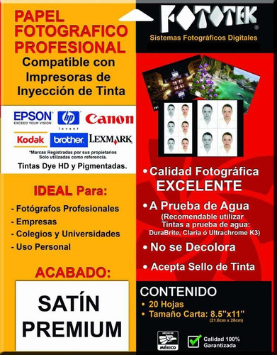 Papel Fotográfico Profesional Carta Satín Premium  20 Hojas