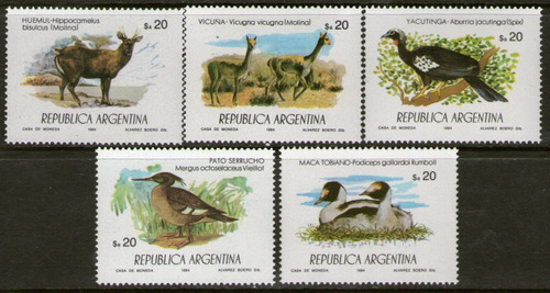 Argentina Serie X 5 Sellos Protección Fauna Salvaje Año 1984