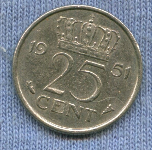 Imagen 1 de 2 de Holanda 25 Cent 1951 * Juliana I *