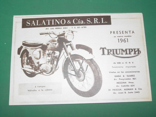 Publicidad Motocicletas Moto Triumph Modelo 61 Salatino Cia