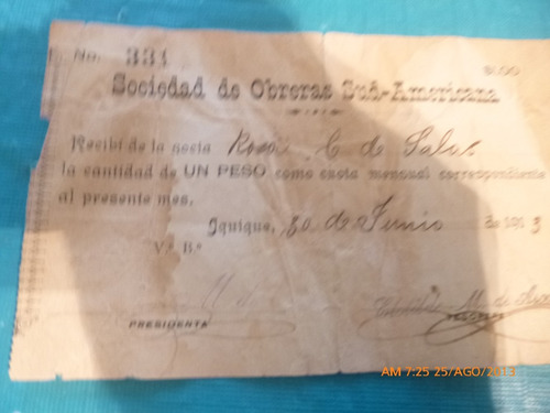Vale Recibo 1 Pesos Sociedad Obrera Sud Americana 1913 (a14