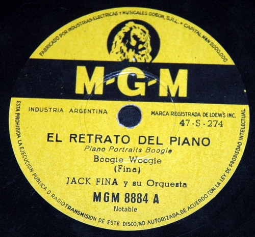 Jack Fina Y Su Orquesta  El Retrato Del Piano - Siesta  10''
