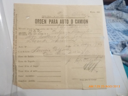 Orden Para Auto O Camion Oficina Peña Chica