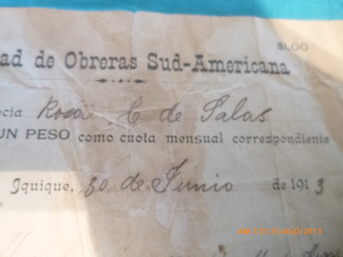 Vale Recibo 1 Pesos Sociedad Obrera Sud Americana 1913 (a14