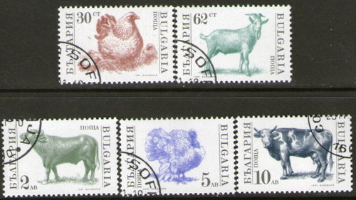 Bulgaria Serie X 5 Sellos Usados Animales De Granja Año 1991