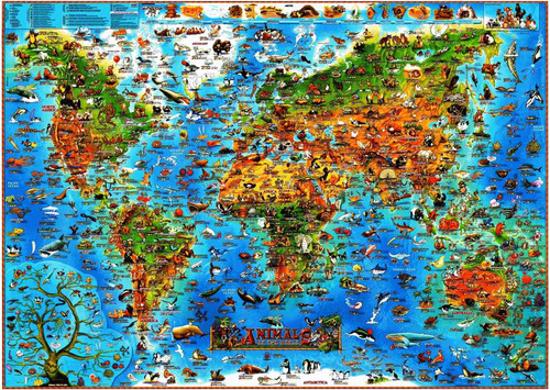 Imagem 1 de 5 de Mapa Do Mundo Ilustrado Animais Decoração Espécies Mundi Hd