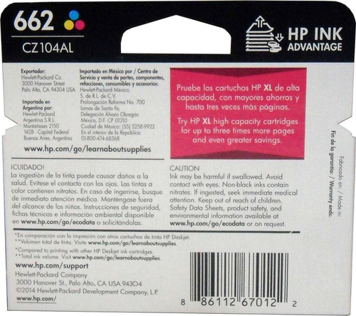 Cartucho Tinta Hp 662 Color Cz104al Original