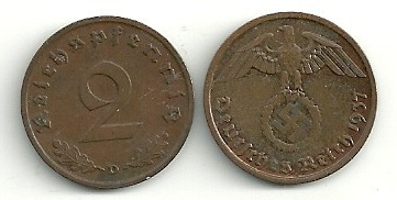 Moneda Alemania Reich 2 Pfennig Con Esvastica Año 1937/39