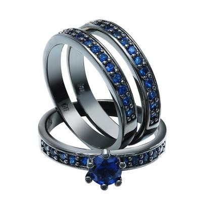 Anillo Negro Compromiso Vintage Princesa Solitario + 2 Azul