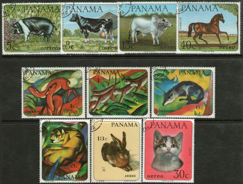 Panamá 10 Sellos Usados Cerdo, Vaca, Caballo, Gato Año 1967 