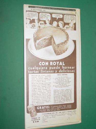 Publicidad Antigua Polvos Royal Lata Receta Torta Porteña