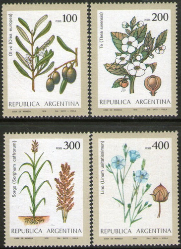 Argentina Serie X 4 Sellos Mint Agricultura Nacional: Olivo, Té, Sorgo Y Lino = Dibujos De Sato-viola Año 1979 