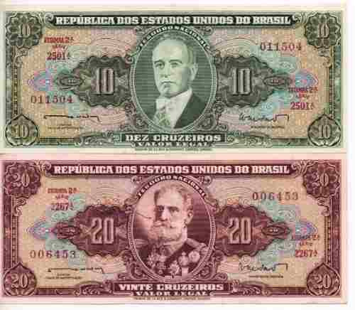 Brasil 2 Billetes10 Y 20 Cruzeiros Año 1962 M/b  Bm 2042